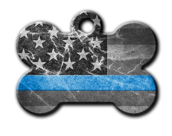 Thin Blue Line pet Tag,Back the Blue,Dog Id Tag,Police Pet Tag,Distressed Flag Pet Tag,metal Dog Tags,Bone Tag, Blue Fox Gifts,PET_055