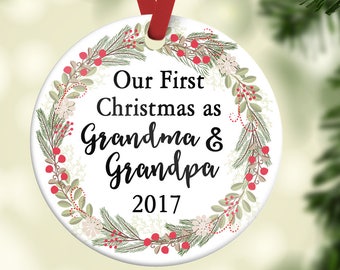 Grandparent Christmas Gift - Holiday grandparent baby reveal - Grandparents to be gift - Personalized Ornament - Fist Christmas Ornament