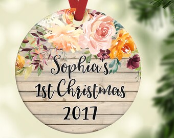 Baby Girl First Christmas ornament| Floral Christmas Ornament| Personalized Christmas Ornament| Baby's first Christmas| Baby girl gif
