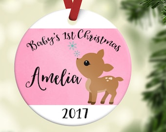 Deer First Christmas ornament baby girl - Girl Christmas Ornament - Personalized Christmas Ornament - Baby's first Christmas