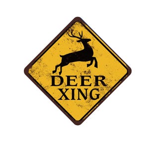 Deer Xing Yellow Caution Sign - Drive way Rustic Cabin Décor - Deer Xing Outdoor Sign - Rustic or New Style Aluminum Sign