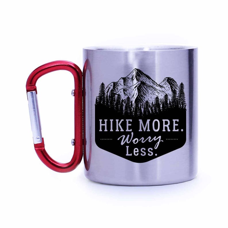 Hiker Gift,Hike more worry less,Hiker Mug,Outdoor lover gift,Camping gear,Carabiner mug,Gift for him,Gift for her,Hiking mug,Hiking Red