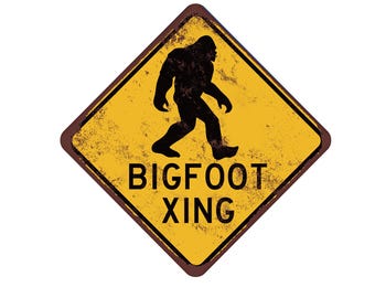 May include: A yellow diamond-shaped warning sign with a black silhouette of Bigfoot walking. The sign reads "BIGFOOT XING" in black letters.