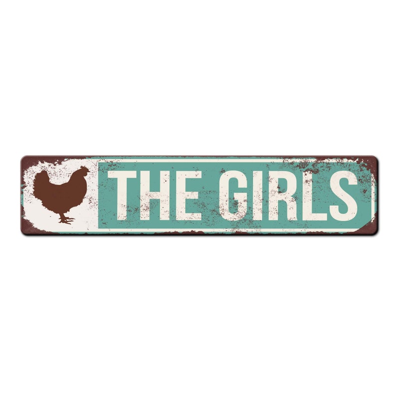 Puede incluir: Un letrero de metal r&uacute;stico con un fondo azul verdoso desgastado y letras blancas. El letrero presenta una silueta de un pollo y el texto "THE GIRLS".