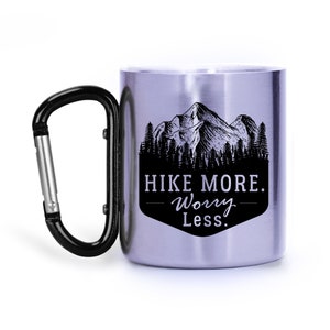 Hiker Gift,Hike more worry less,Hiker Mug,Outdoor lover gift,Camping gear,Carabiner mug,Gift for him,Gift for her,Hiking mug,Hiking Black