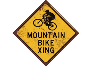 Mountain Bike Crossing Metal Caution Sign - Mountain Biker Gift - Mountain Bike Décor - Kids Room Bike Sign - Man Cave Sign - Bike Sign