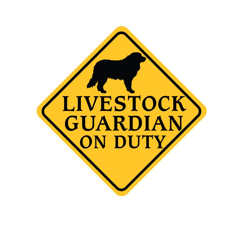 May include: Yellow diamond-shaped warning sign with a black silhouette of a dog and the text "Livestock Guardian On Duty".