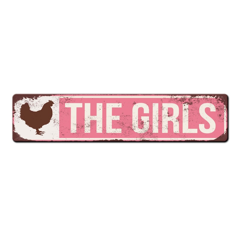 Puede incluir: Un letrero de metal rosa con una silueta de pollo marr&oacute;n y el texto "THE GIRLS" en blanco.