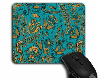Floral Mouse Pad,Office Decor,Gift for Her,cute Mouse Pads,Teal and gold,Floral pattern,mousepad,cloth top,MP-071