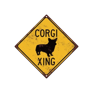 Señal de cruce de Corgi - Precaución amarilla - Letrero metálico Corgi Xing - Regalo para amantes de los Corgi - Accesorios para dueños de Corgi - Letrero de aluminio para valla de exterior para perros