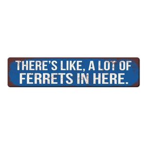 May include: A blue and brown metal sign with the text "THERE'S LIKE, A LOT OF FERRETS IN HERE."