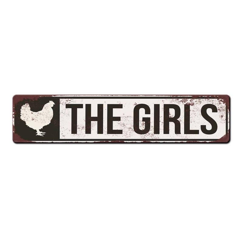 Puede incluir: Un letrero de metal blanco con un aspecto desgastado y oxidado. El letrero tiene una silueta negra de un pollo en el lado izquierdo y el texto "THE GIRLS" en letras negras en el lado derecho.