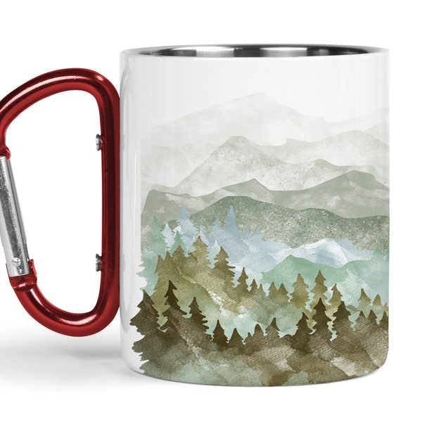 Woodland Mountain Watercolor Wrap Around Trail hiker Carabiner camp mug - Backpacker Gift - Mountain Climber Mug - Beautiful Camper Gift