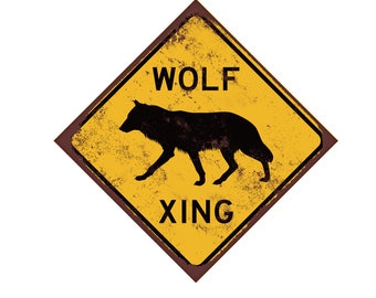 Wolf Crossing Caution Sign - Wolf Family Rustic Cabin Décor - Rusted or New Style Aluminum Sign