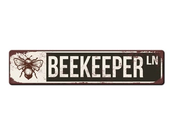 Beekeeper Lane Metal Sign- Apiary Sign - Honey Bee Sign - Funny Bee Sign - Outdoor Bee Lover Sign - Pollinator Sign - Bee Farmer Sign