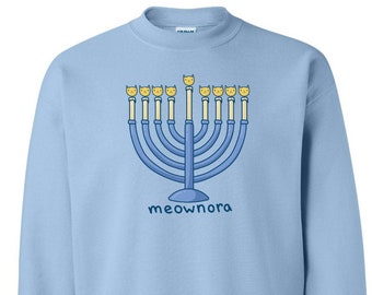 Meownora Hanukkah Crew Neck Sweatshirt - Funny Hanukkah Sweatshirt - Ugly Holiday Party Shirts - Hanukkah Gifts - Gift for Cat Lover