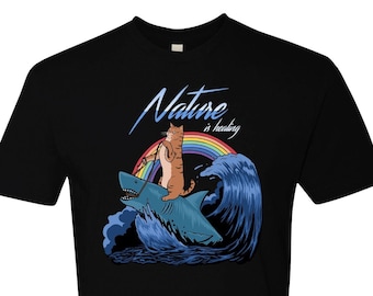 Cat riding Shark - Men's unisex T-Shirt, Trending Shirts,  Funny Cat T-shirt, Cat Lover Gift, Cat Dad Shirt,  shark Meme,  Nature is Healing