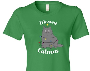 Merry Catmas Women's T-Shirt -Funny Christmas Shirt - Ugly Christmas Holiday Party Shirts - Christmas Clearance - Gift for Cat Lover