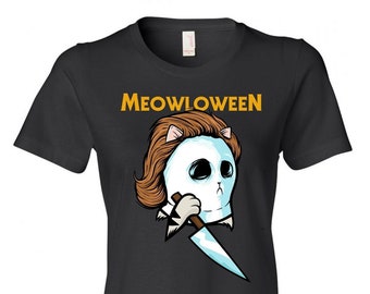 Halloween Cat l Women's t shirt l Funny T Shirt l Gift for her l Cat Lover l cat meme l meowloween Shirt, cat halloween, halloween nostalgia