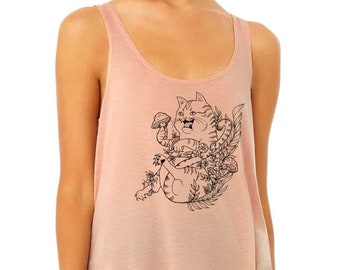 Botanical Cat Women's Long Tank Top , mushrrom Cat, beautiful Cat T-shirt, floral, Cat Lover Gift, Cat Mom Tank, fungi Meme, Trending Now