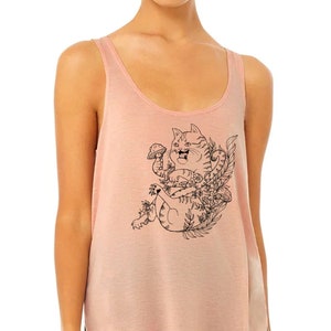 Botanical Cat Women&#39;s Long Tank Top , mushrrom Cat, beautiful Cat T-shirt, floral, Cat Lover Gift, Cat Mom Tank, fungi Meme, Trending Now