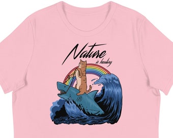 Cat riding Shark - women's T-Shirt, Trending Shirts, Funny Cat T-shirt, Cat Lover Gift, Cat mom Shirt, shark, Meme Shirt, Nature is Healing