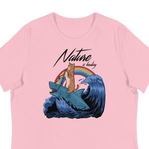 Cat riding Shark - women's T-Shirt, Trending Shirts, Funny Cat T-shirt, Cat Lover Gift, Cat mom Shirt, shark, Meme Shirt, Nature is Healing