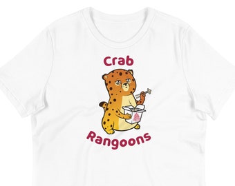 May include: White t-shirt featuring a cartoon leopard holding a takeout container with chopsticks. The text "Crab Rangoon" is above and below the leopard illustration in a maroon color.