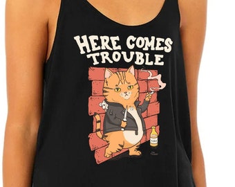 Hier kommt Trouble Cat Frauen Langes Tank-Top, cooles lustiges Katzen-Shirt Geschenk Kätzchen Kätzchen Katze Katzen Tiere Haustiere LOL 80er Jahre Retro Süß Frech