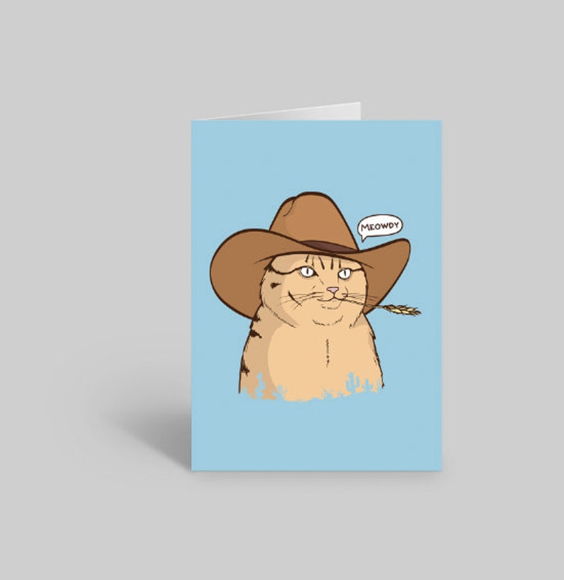 Mjau Cowboykattkort, Roligt kattkort, Kattälskarkort, Kattägarekort, Söt kattkort, Kattmammakort, Kattpappakort bild 1