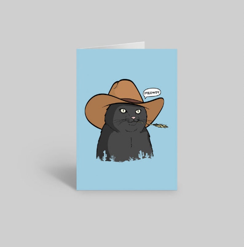 Mjau Cowboykattkort, Roligt kattkort, Kattälskarkort, Kattägarekort, Söt kattkort, Kattmammakort, Kattpappakort Black Meowdy Cat