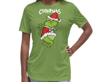 Camiseta navideña para mujer de CHONK Stole - Divertida camiseta navideña - Fiesta navideña fea - Suéter navideño feo - Regalo para amantes de los gatos