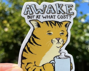 Trött katt-klistermärke, Vaken men till vilket pris-klistermärke, Katt-klistermärke för laptop, Klistermärken för Hydroflask, Kattälskare, Meme-klistermärke, Katt-klistermärke