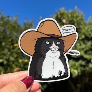 Kattklistermärke för laptop, klistermärken för Hydroflask, MEOWDY-KLISTERMÄRKE, Cowboykattklistermärke, Kattälskare, Meme-klistermärke, Cowboykatt, Kattklistermärke Tuxedo Cat
