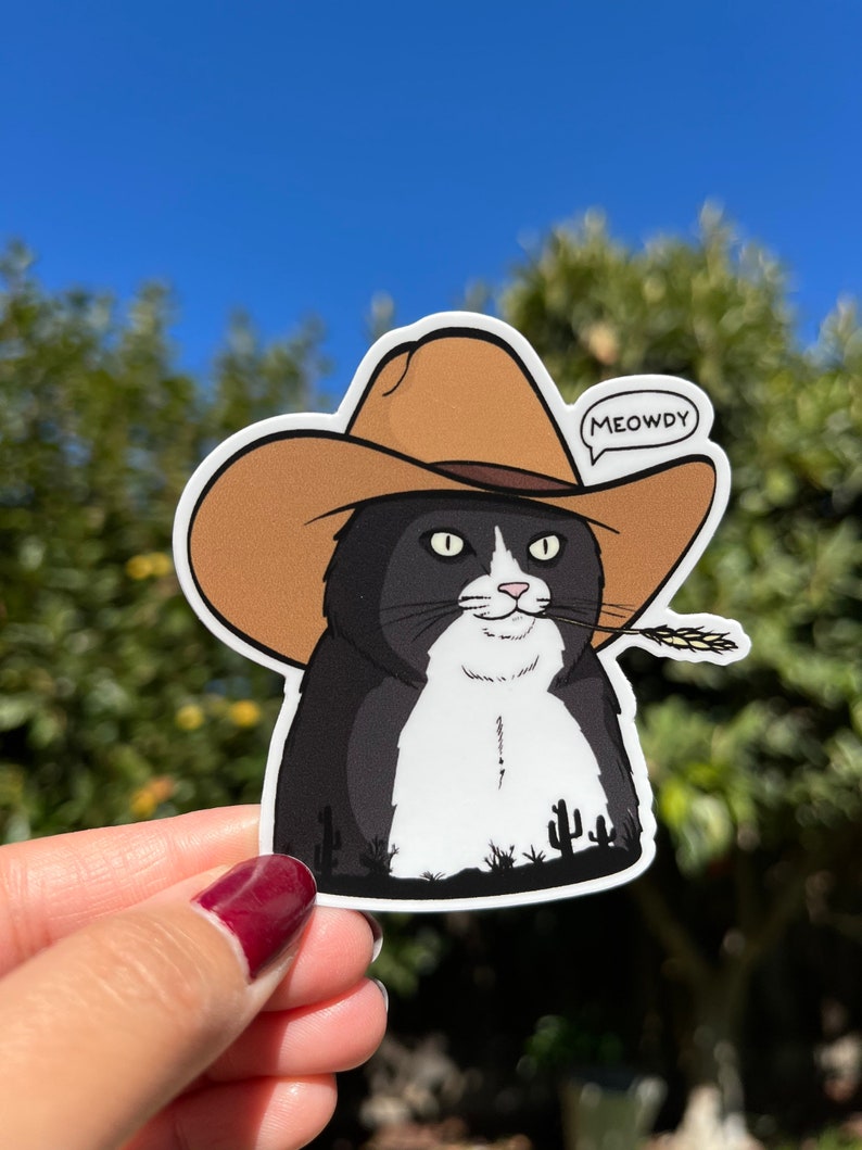 Kattklistermärke för laptop, klistermärken för Hydroflask, MEOWDY-KLISTERMÄRKE, Cowboykattklistermärke, Kattälskare, Meme-klistermärke, Cowboykatt, Kattklistermärke Tuxedo Cat