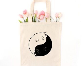 Yin Yang Cat Tote Bag, Reusable Bag, Shopping Bag, Cat Tote Bag Design, Cat Lady Gifts, Cute Tote Bag, Cat Lover Gift, Cat Mom Gift