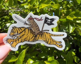 Cat pirate riding tiger CAT STICKER, Trending Sticker, Funny Cat Sticker, Cat Lover Gift, Tiger Meme, Meme Sticker