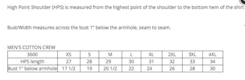 May include: A size chart for men's cotton crew shirts. The chart shows the size, high point shoulder length, and bust measurement in inches for sizes XS to 4XL.