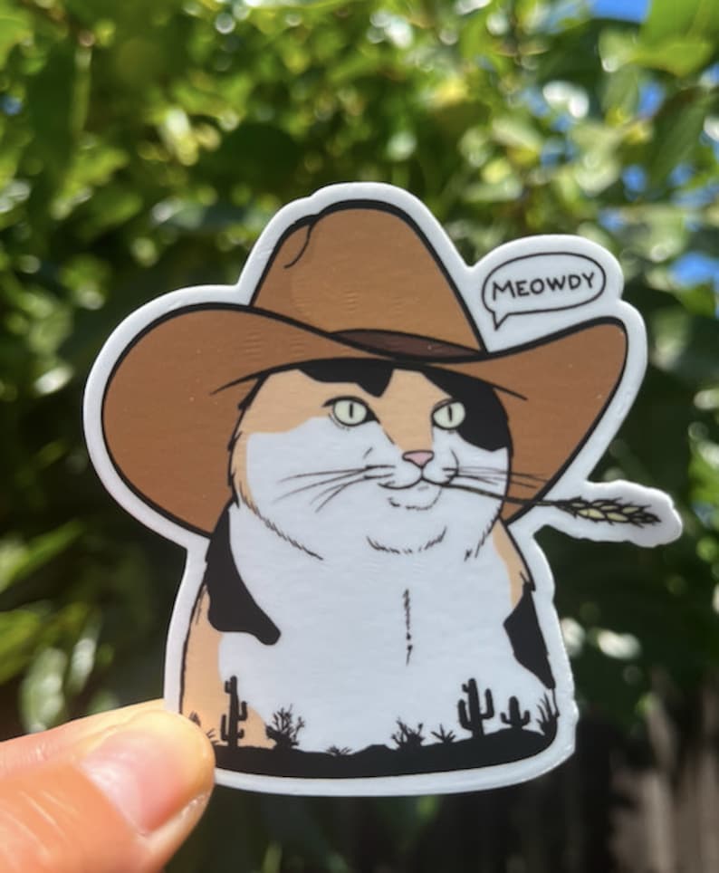 Kattklistermärke för laptop, klistermärken för Hydroflask, MEOWDY-KLISTERMÄRKE, Cowboykattklistermärke, Kattälskare, Meme-klistermärke, Cowboykatt, Kattklistermärke Calico