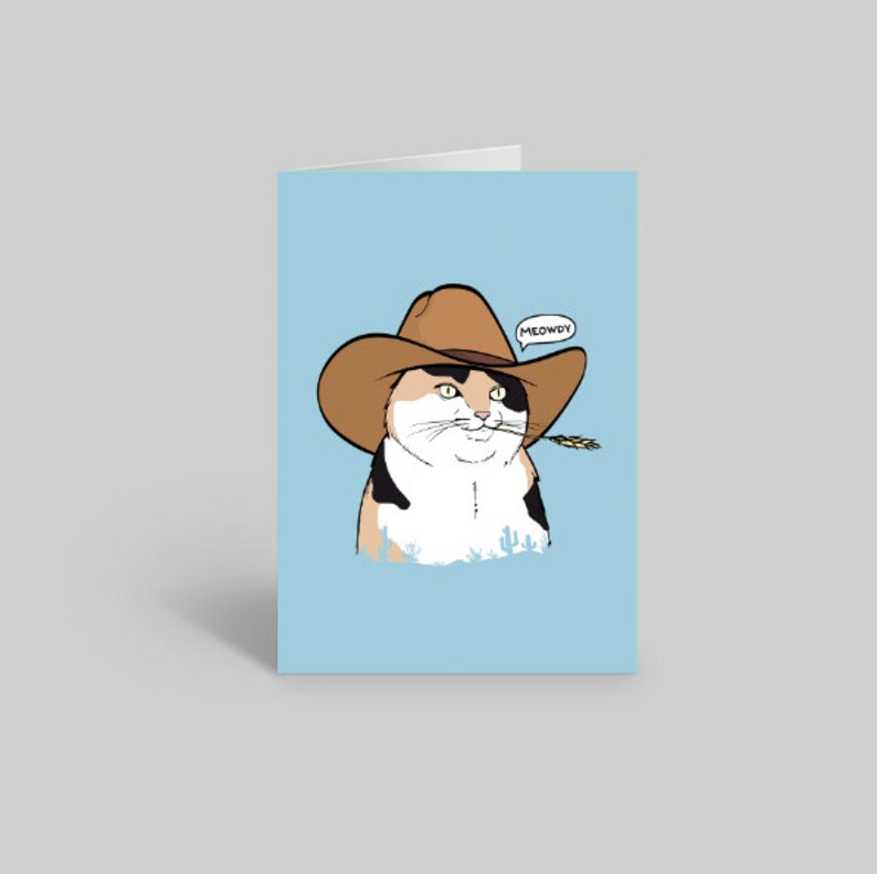 Mjau Cowboykattkort, Roligt kattkort, Kattälskarkort, Kattägarekort, Söt kattkort, Kattmammakort, Kattpappakort Calico Meowdy Cat