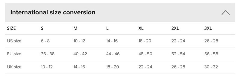 K&ouml;nnte beinhalten: Internationale Gr&ouml;&szlig;enumrechnungstabelle f&uuml;r Kleidung. Die Tabelle zeigt US-, EU- und UK-Gr&ouml;&szlig;en f&uuml;r die Gr&ouml;&szlig;en S bis 3XL.