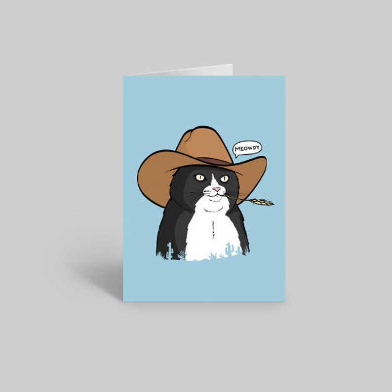 Mjau Cowboykattkort, Roligt kattkort, Kattälskarkort, Kattägarekort, Söt kattkort, Kattmammakort, Kattpappakort Tuxedo Meowdy Cat
