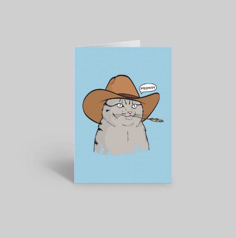 Mjau Cowboykattkort, Roligt kattkort, Kattälskarkort, Kattägarekort, Söt kattkort, Kattmammakort, Kattpappakort Grey Meowdy Cat