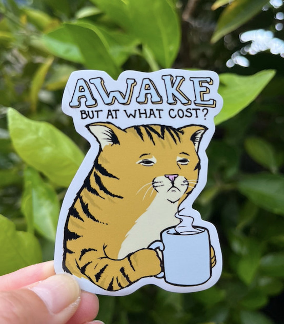 Tired Cat Awake but at What Cost for Car, Coffee