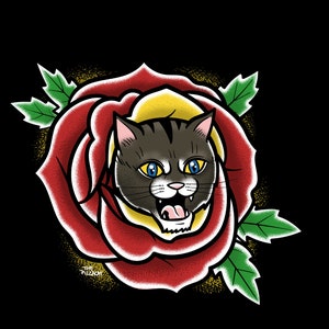May include: A digital illustration of a cat's head emerging from a red rose. The cat has gray fur with black stripes, blue eyes, and an open mouth. The rose has green leaves and a yellow center, set against a black background.