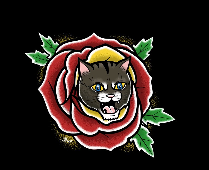 May include: A digital illustration of a cat's head emerging from a red rose. The cat has gray fur with black stripes, blue eyes, and an open mouth. The rose has green leaves and a yellow center, set against a black background.