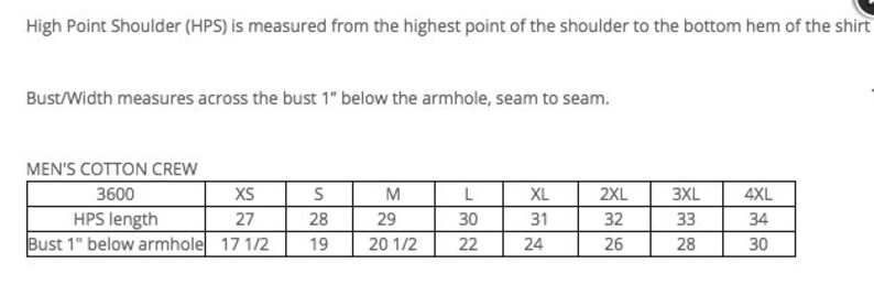 May include: A white chart with black text detailing shirt measurements. The chart includes sizes XS to 4XL, with measurements for HPS length in inches, ranging from 27 to 34 inches, and bust width in inches, ranging from 17 1/2 to 30 inches.