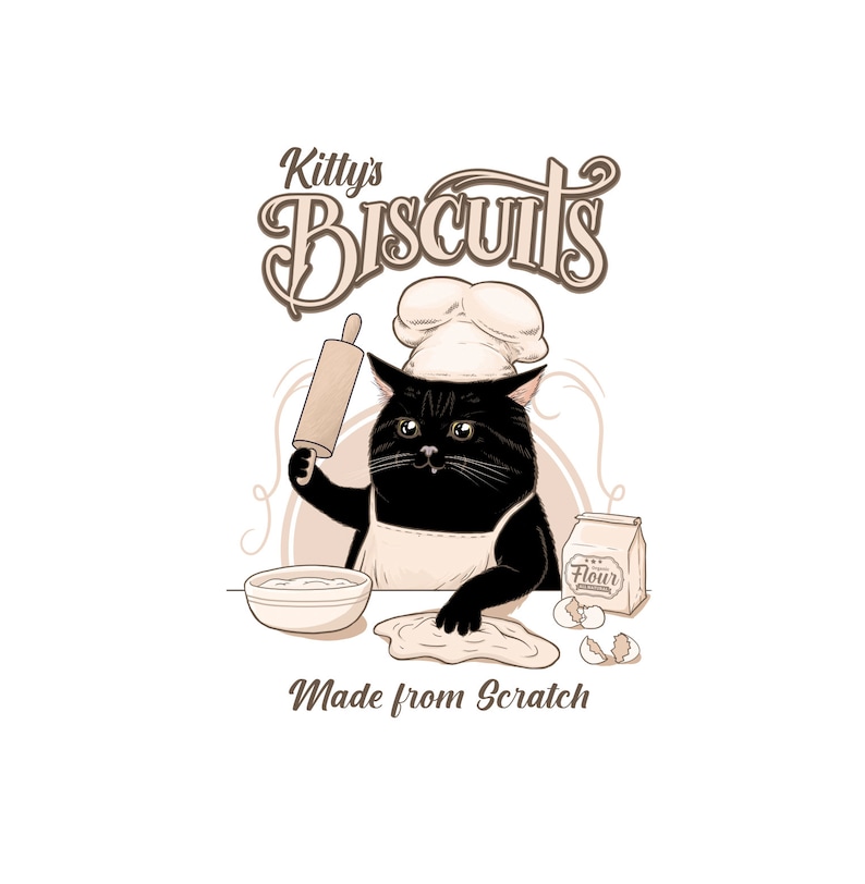 May include: A black cat wearing a chef's hat and apron is making biscuits. The cat is holding a rolling pin and has a bowl of dough in front of it. The text "Kitty's Biscuits Made from Scratch" is below the cat.