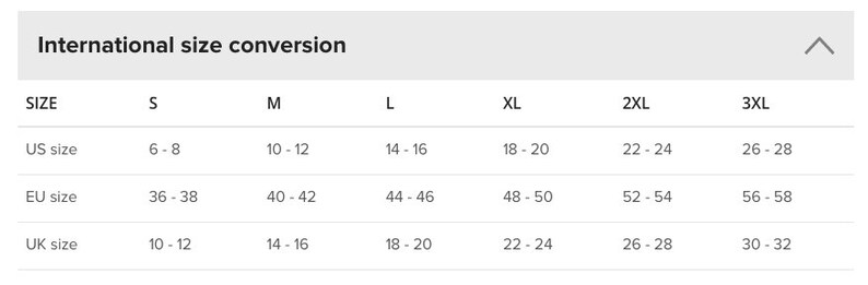 Puede incluir: Tabla de conversi&oacute;n de tallas internacionales para ropa. La tabla muestra las tallas US, EU y UK para las tallas S a 3XL.