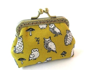 Mustard yellow frame coin pouch cotton linen fabric owl print, bronze kiss lock clasp purse metal frame purse
